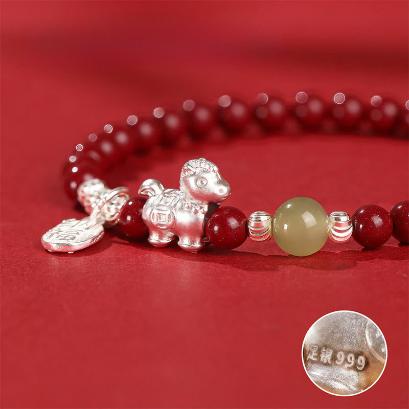 Fortune Jewel Year Of The Horse Cinnabar Hetian Jade 999 Sterling Silver Red String Concentration Bracelet - Fortune Jewel