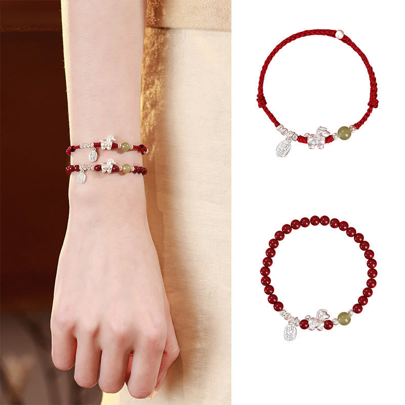 Fortune Jewel Year Of The Horse Cinnabar Hetian Jade 999 Sterling Silver Red String Concentration Bracelet - Fortune Jewel