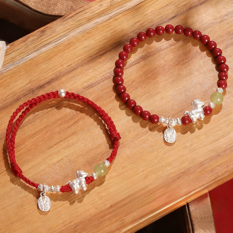 Fortune Jewel Year Of The Horse Cinnabar Hetian Jade 999 Sterling Silver Red String Concentration Bracelet - Fortune Jewel