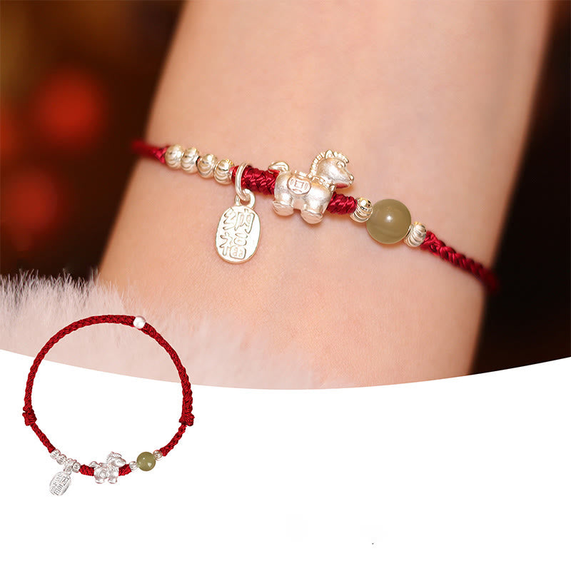 Fortune Jewel Year Of The Horse Cinnabar Hetian Jade 999 Sterling Silver Red String Concentration Bracelet - Fortune Jewel