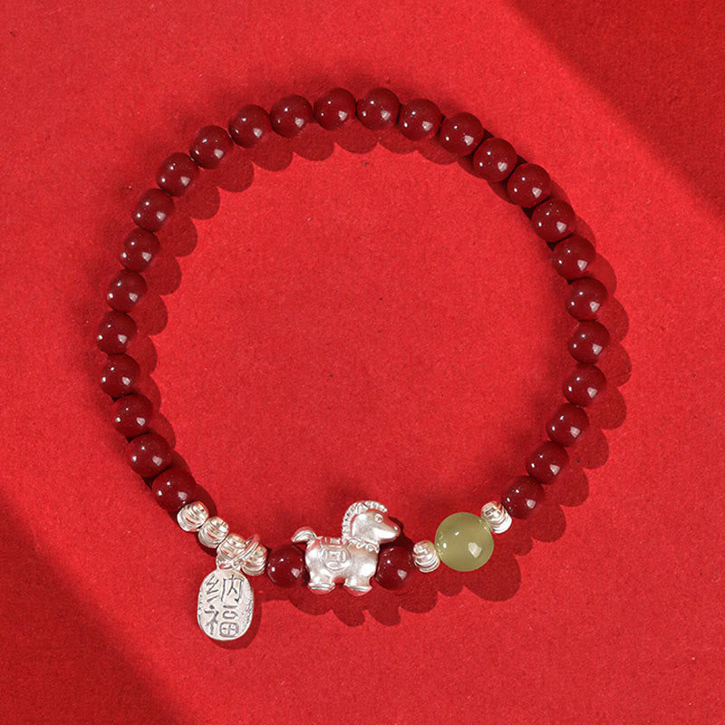 Fortune Jewel Year Of The Horse Cinnabar Hetian Jade 999 Sterling Silver Red String Concentration Bracelet - Fortune Jewel