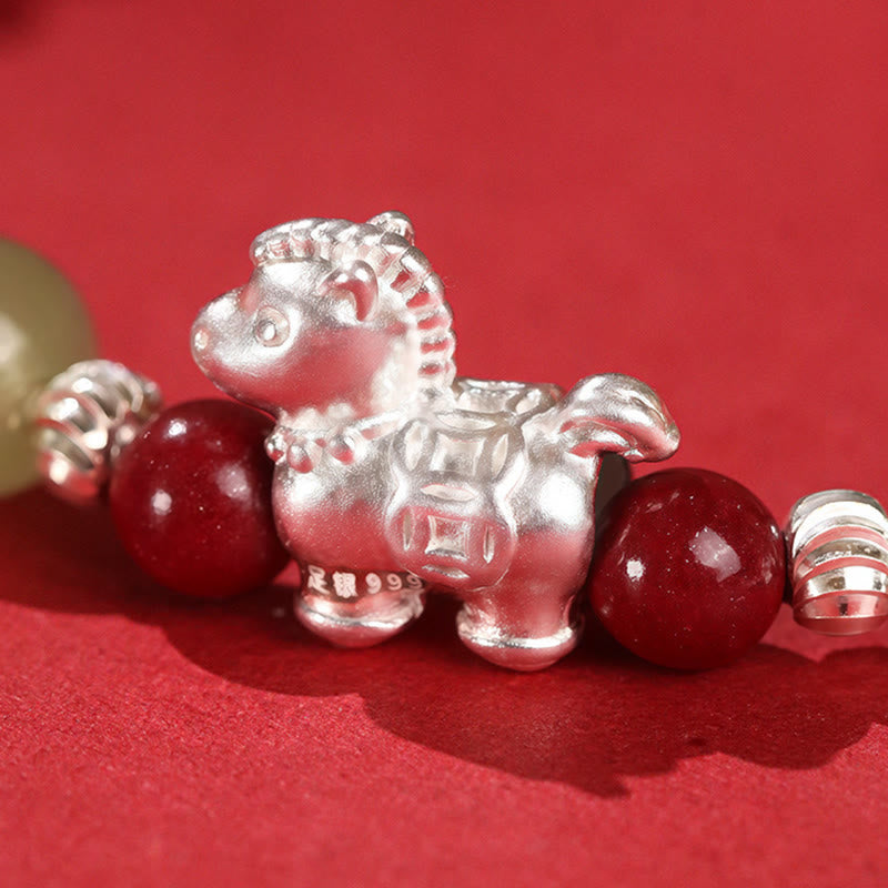 Fortune Jewel Year Of The Horse Cinnabar Hetian Jade 999 Sterling Silver Red String Concentration Bracelet - Fortune Jewel