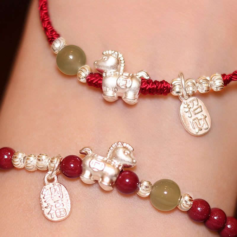 Fortune Jewel Year Of The Horse Cinnabar Hetian Jade 999 Sterling Silver Red String Concentration Bracelet - Fortune Jewel