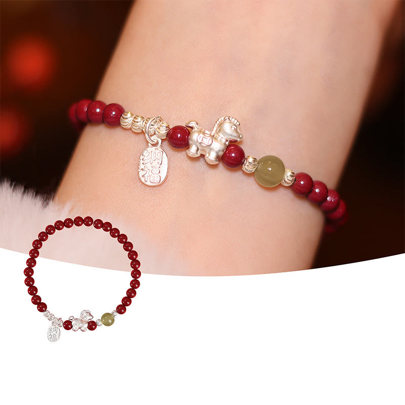 Fortune Jewel Year Of The Horse Cinnabar Hetian Jade 999 Sterling Silver Red String Concentration Bracelet - Fortune Jewel