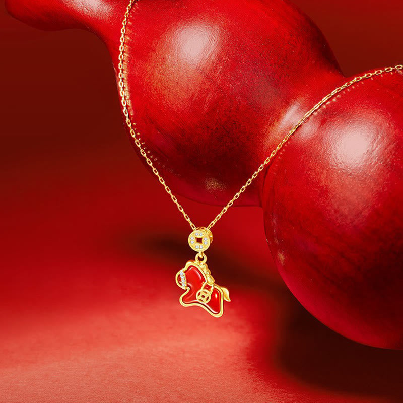 Fortune Jewel Year Of The Horse Copper Coin 925 Sterling Silver Red Agate Blessing Necklace Pendants - Fortune Jewel