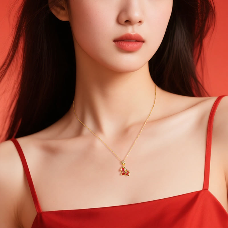 Fortune Jewel Year Of The Horse Copper Coin 925 Sterling Silver Red Agate Blessing Necklace Pendants - Fortune Jewel