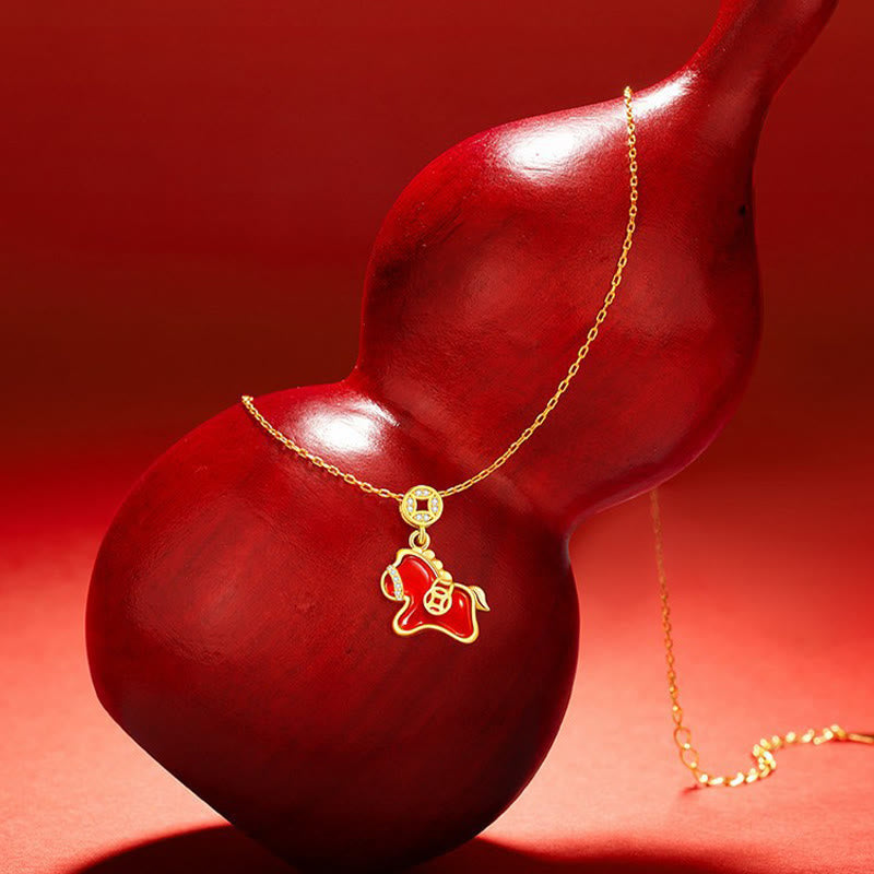 Fortune Jewel Year Of The Horse Copper Coin 925 Sterling Silver Red Agate Blessing Necklace Pendants - Fortune Jewel