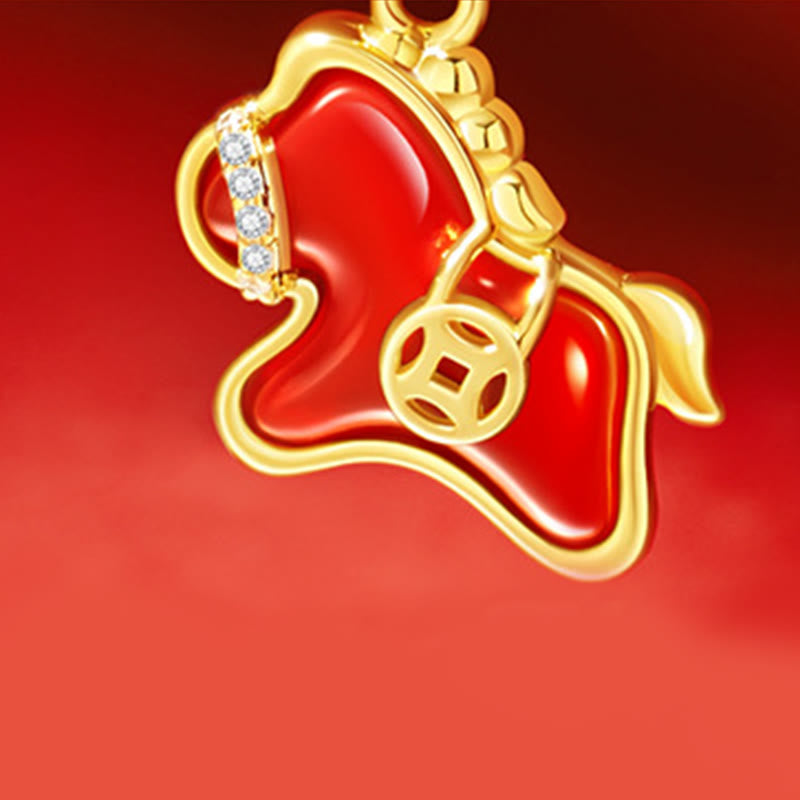 Fortune Jewel Year Of The Horse Copper Coin 925 Sterling Silver Red Agate Blessing Necklace Pendants - Fortune Jewel