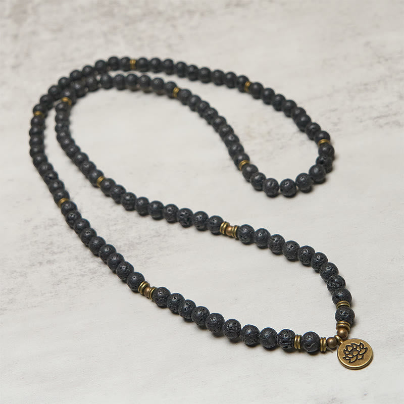 Fortune Jewel Retro Lotus Symbol Charm Lava Rock Bead Healing New Beginning Mala - Fortune Jewel