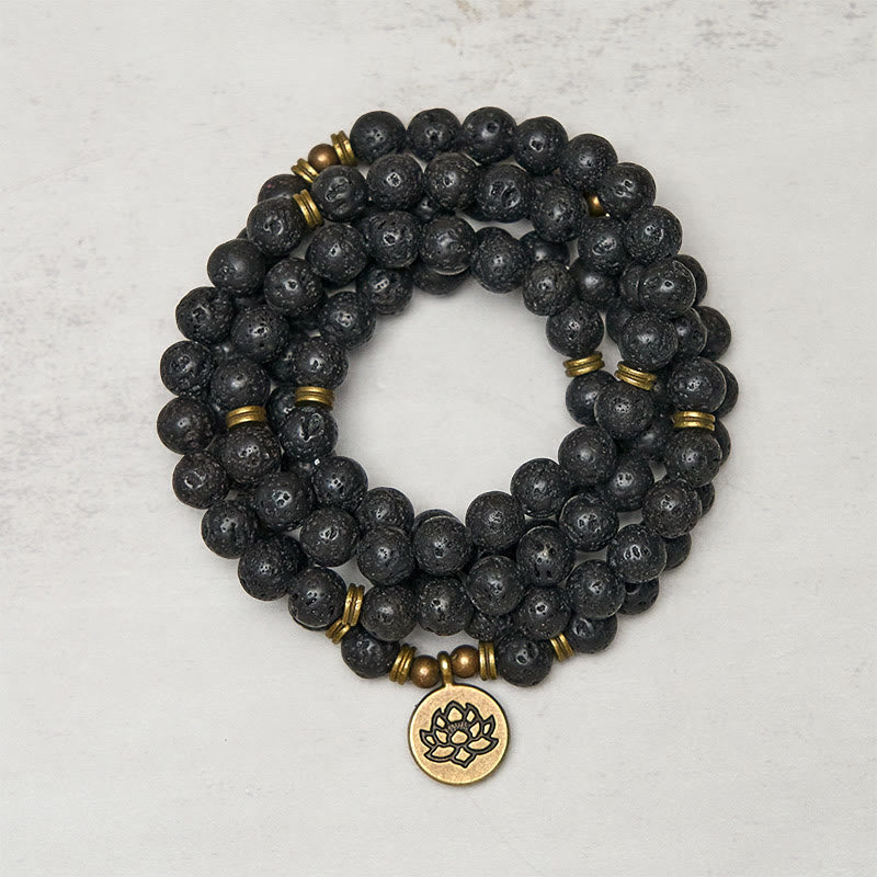 Fortune Jewel Retro Lotus Symbol Charm Lava Rock Bead Healing New Beginning Mala - Fortune Jewel