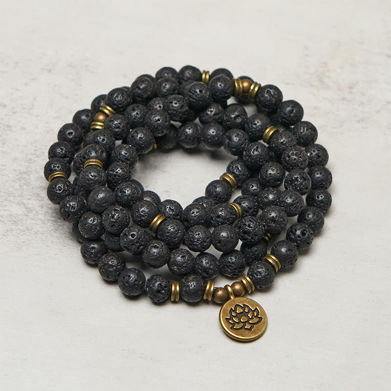 Fortune Jewel Retro Lotus Symbol Charm Lava Rock Bead Healing New Beginning Mala - Fortune Jewel