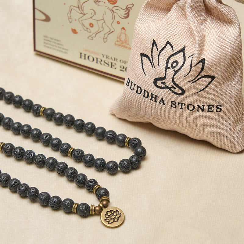 Fortune Jewel Retro Lotus Symbol Charm Lava Rock Bead Healing New Beginning Mala - Fortune Jewel