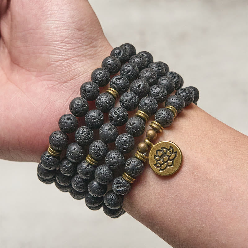 Fortune Jewel Retro Lotus Symbol Charm Lava Rock Bead Healing New Beginning Mala - Fortune Jewel