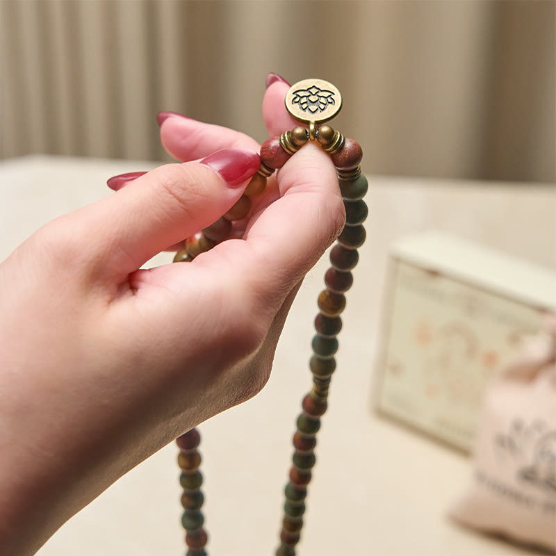 Fortune Jewel Retro Lotus Symbol Charm Round Bead Red Turquoise Warm Mala - Fortune Jewel