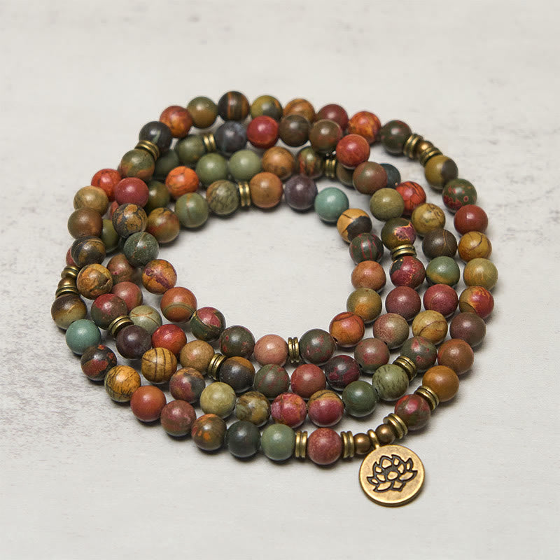 Fortune Jewel Retro Lotus Symbol Charm Round Bead Red Turquoise Warm Mala - Fortune Jewel