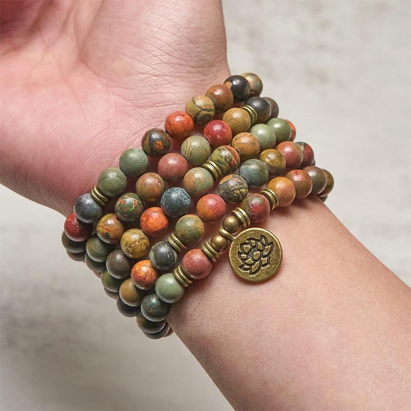 Fortune Jewel Retro Lotus Symbol Charm Round Bead Red Turquoise Warm Mala - Fortune Jewel