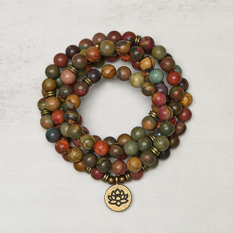 Fortune Jewel Retro Lotus Symbol Charm Round Bead Red Turquoise Warm Mala - Fortune Jewel