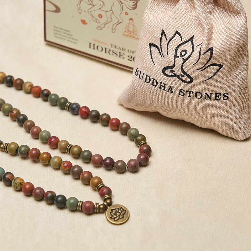 Fortune Jewel Retro Lotus Symbol Charm Round Bead Red Turquoise Warm Mala - Fortune Jewel