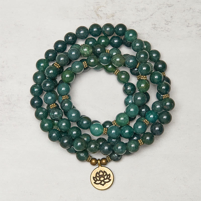 Fortune Jewel Lotus Symbol Charm Round Bead Moss Agate Healing Mala - Fortune Jewel