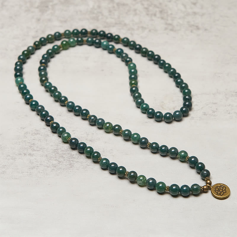 Fortune Jewel Lotus Symbol Charm Round Bead Moss Agate Healing Mala - Fortune Jewel