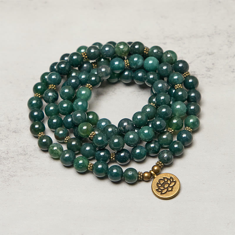 Fortune Jewel Lotus Symbol Charm Round Bead Moss Agate Healing Mala - Fortune Jewel