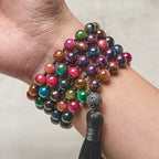 Buddha Stones Multicolored Yellow Tiger Eye Green Tiger Eye Blue Tiger Eye Red Tiger Eye Beaded Tassel Strength Mala - Fortune Jewel