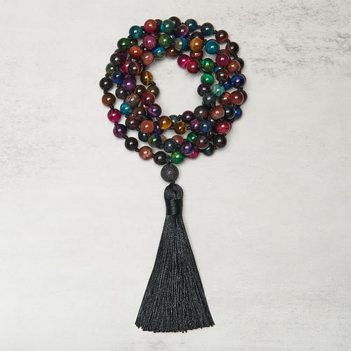 Buddha Stones Multicolored Yellow Tiger Eye Green Tiger Eye Blue Tiger Eye Red Tiger Eye Beaded Tassel Strength Mala - Fortune Jewel