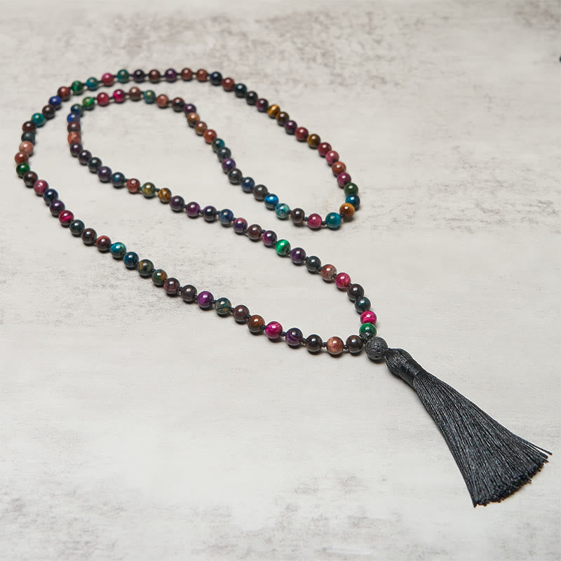 Buddha Stones Multicolored Yellow Tiger Eye Green Tiger Eye Blue Tiger Eye Red Tiger Eye Beaded Tassel Strength Mala - Fortune Jewel