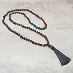 Buddha Stones Multicolored Yellow Tiger Eye Green Tiger Eye Blue Tiger Eye Red Tiger Eye Beaded Tassel Strength Mala - Fortune Jewel
