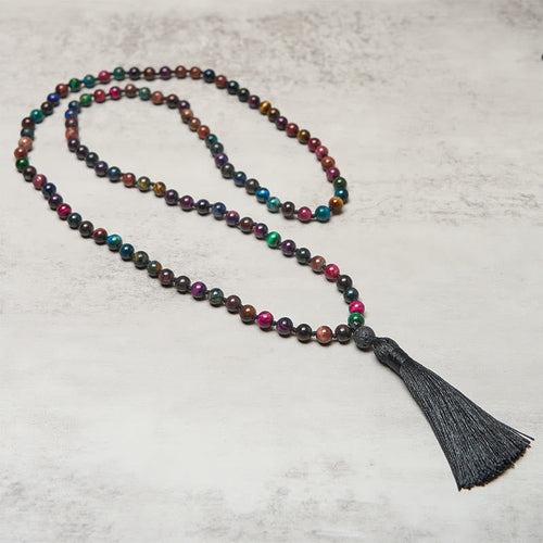Buddha Stones Multicolored Yellow Tiger Eye Green Tiger Eye Blue Tiger Eye Red Tiger Eye Beaded Tassel Strength Mala - Fortune Jewel