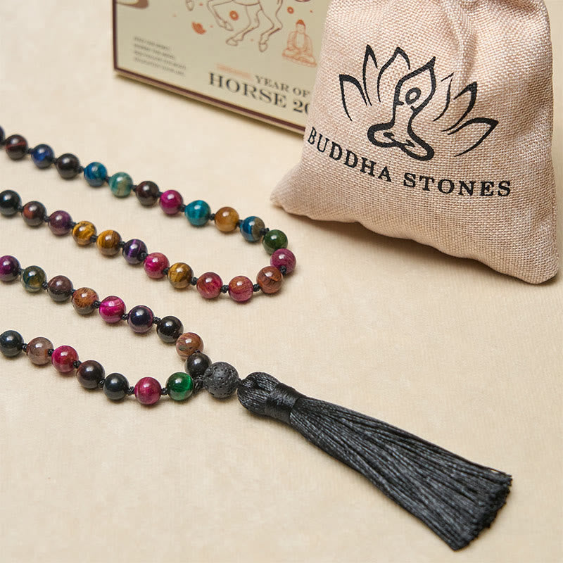 Buddha Stones Multicolored Yellow Tiger Eye Green Tiger Eye Blue Tiger Eye Red Tiger Eye Beaded Tassel Strength Mala - Fortune Jewel
