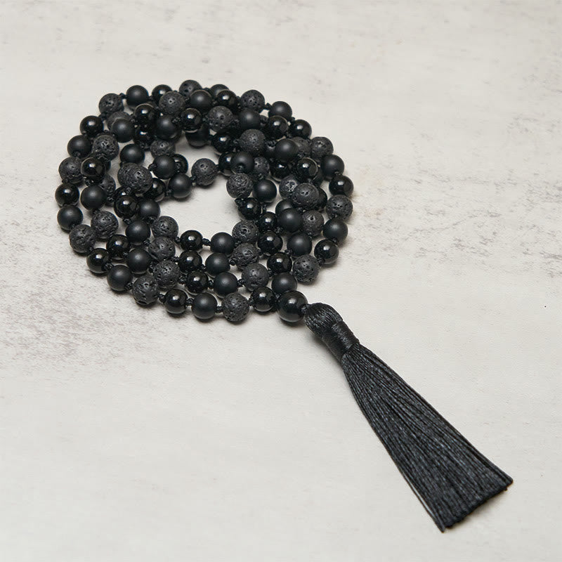 Fortune Jewel 8mm Beads Black Onyx Lava Rock Tassel Protection Fortune Mala - Fortune Jewel