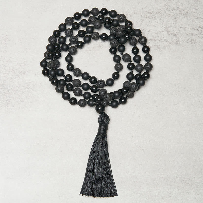 Fortune Jewel 8mm Beads Black Onyx Lava Rock Tassel Protection Fortune Mala - Fortune Jewel