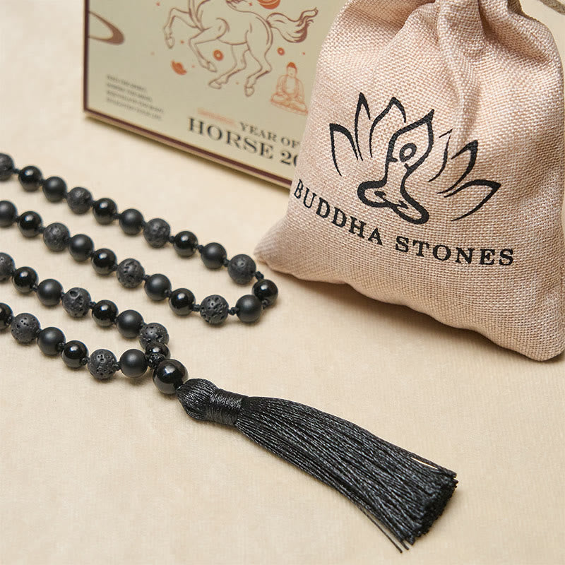 Fortune Jewel 8mm Beads Black Onyx Lava Rock Tassel Protection Fortune Mala - Fortune Jewel
