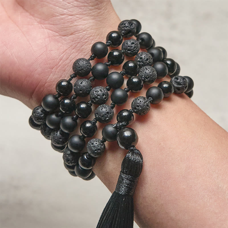 Fortune Jewel 8mm Beads Black Onyx Lava Rock Tassel Protection Fortune Mala - Fortune Jewel