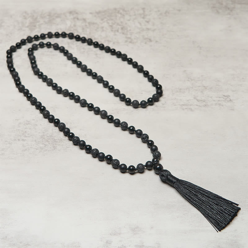 Fortune Jewel 8mm Beads Black Onyx Lava Rock Tassel Protection Fortune Mala - Fortune Jewel