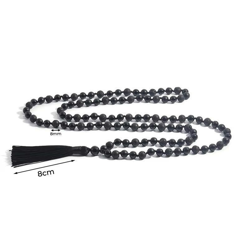 Fortune Jewel 8mm Beads Black Onyx Lava Rock Tassel Protection Fortune Mala - Fortune Jewel