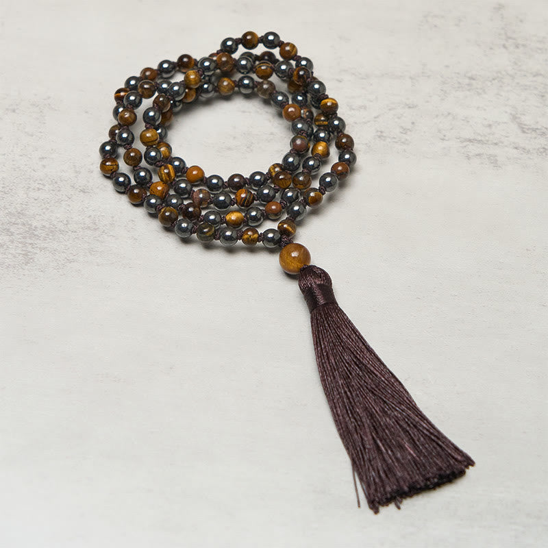 Fortune Jewel 108 Beads Tiger Eye Hematite Tassel Courage Strength Mala - Fortune Jewel