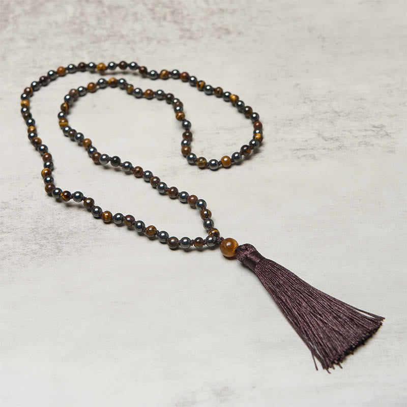 Fortune Jewel 108 Beads Tiger Eye Hematite Tassel Courage Strength Mala - Fortune Jewel