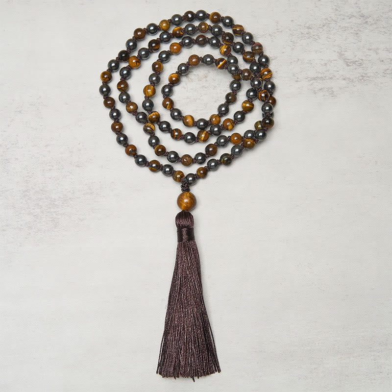 Fortune Jewel 108 Beads Tiger Eye Hematite Tassel Courage Strength Mala - Fortune Jewel