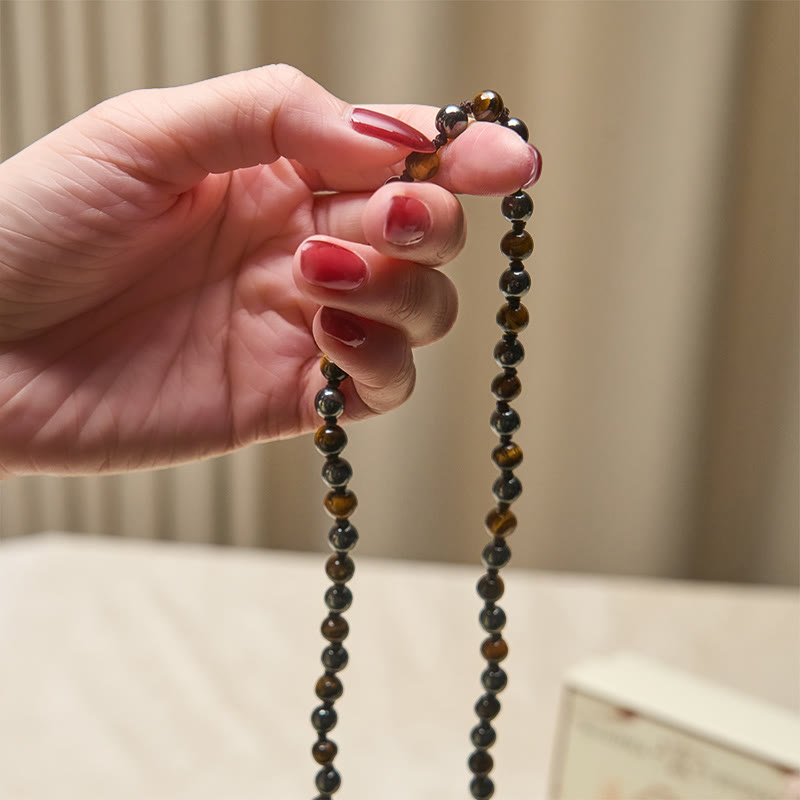 Fortune Jewel 108 Beads Tiger Eye Hematite Tassel Courage Strength Mala - Fortune Jewel