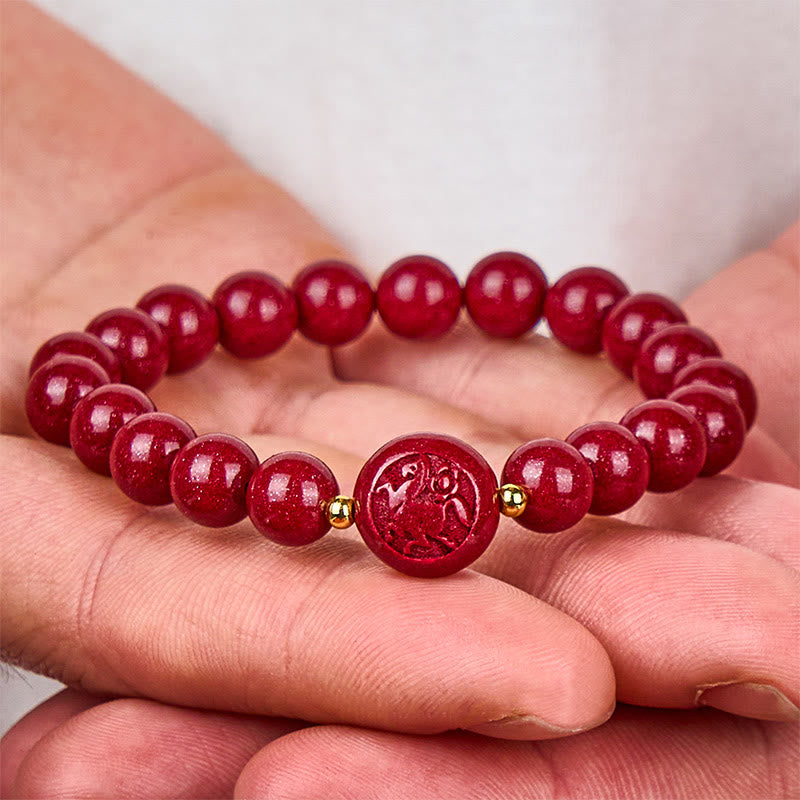 Fortune Jewel Chinese Zodiac Year Of The Horse Carved Cinnabar Peaceful Blessing Bracelet - Fortune Jewel