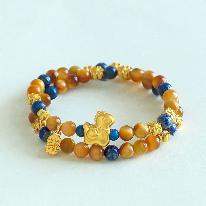 Fortune Jewel Year Of The Horse Fu Character Lazurite Lapis Lazuli Tiger Eye Serenity Double Wrap Bracelet - Fortune Jewel