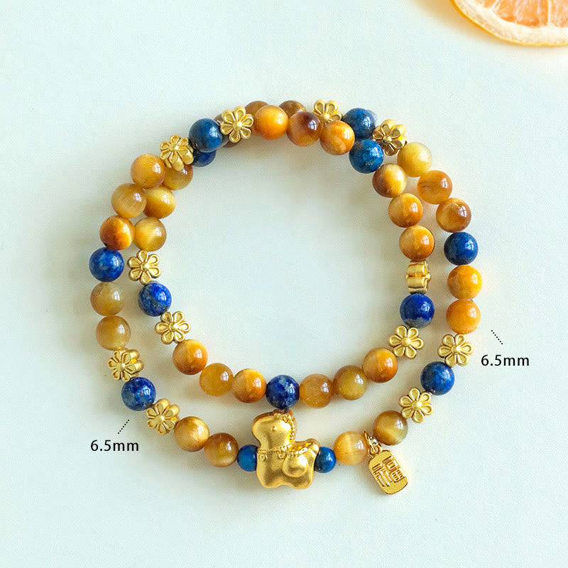 Fortune Jewel Year Of The Horse Fu Character Lazurite Lapis Lazuli Tiger Eye Serenity Double Wrap Bracelet - Fortune Jewel
