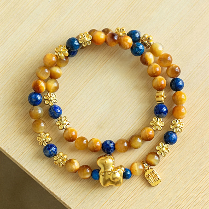 Fortune Jewel Year Of The Horse Fu Character Lazurite Lapis Lazuli Tiger Eye Serenity Double Wrap Bracelet - Fortune Jewel