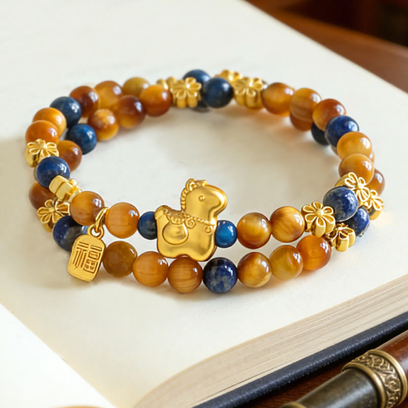 Fortune Jewel Year Of The Horse Fu Character Lazurite Lapis Lazuli Tiger Eye Serenity Double Wrap Bracelet - Fortune Jewel