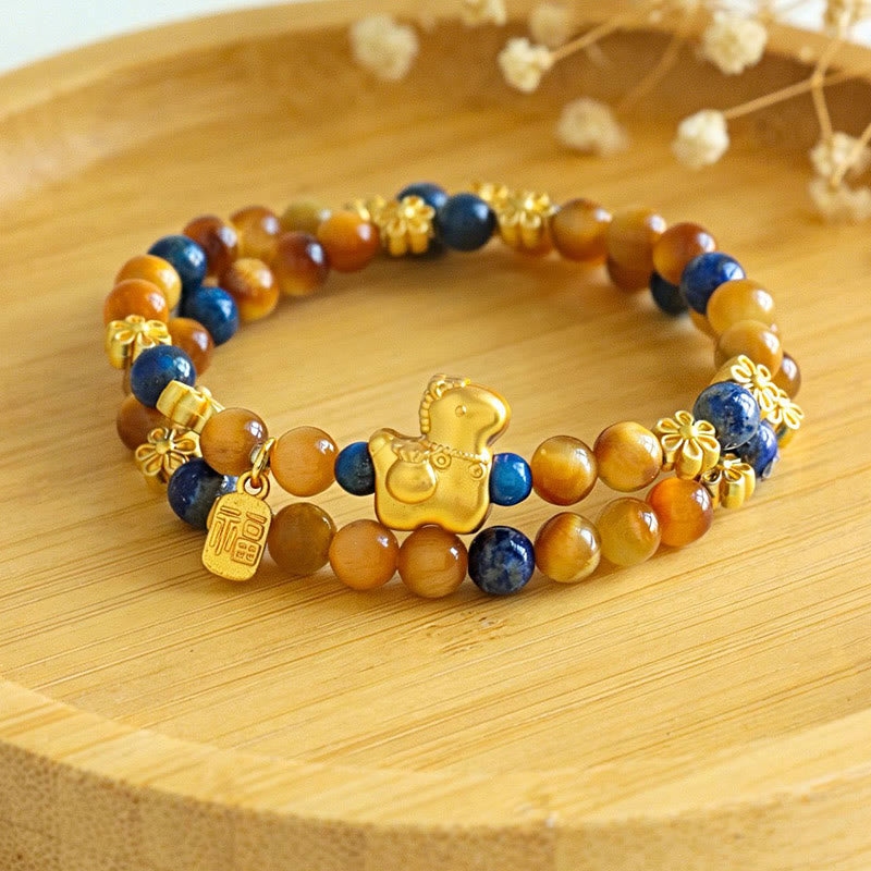 Fortune Jewel Year Of The Horse Fu Character Lazurite Lapis Lazuli Tiger Eye Serenity Double Wrap Bracelet - Fortune Jewel