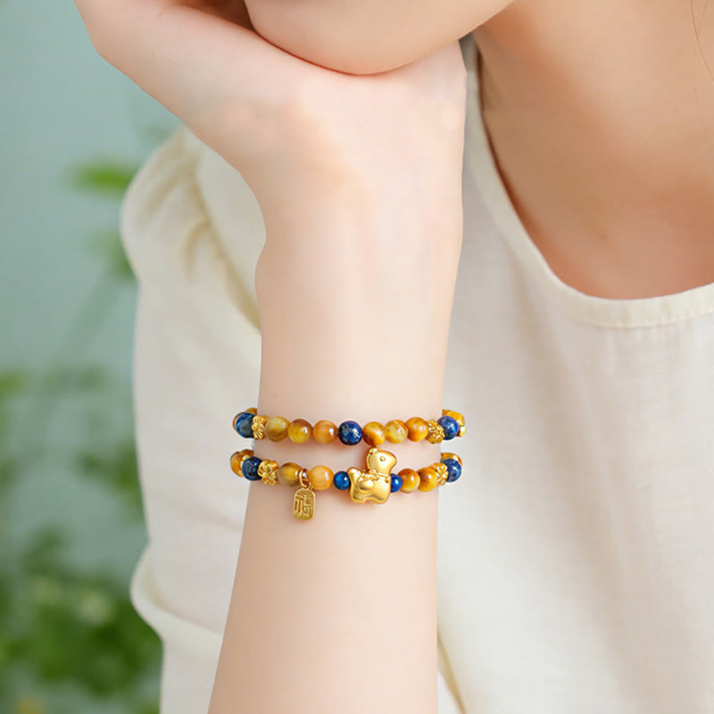 Fortune Jewel Year Of The Horse Fu Character Lazurite Lapis Lazuli Tiger Eye Serenity Double Wrap Bracelet - Fortune Jewel