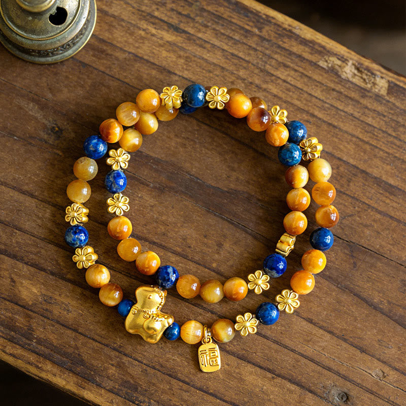 Fortune Jewel Year Of The Horse Fu Character Lazurite Lapis Lazuli Tiger Eye Serenity Double Wrap Bracelet - Fortune Jewel