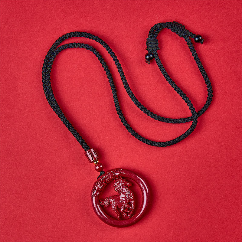 Fortune Jewel Year Of The Horse Carving Peace Buckle Natural Cinnabar Concentration Necklace Pendant - Fortune Jewel